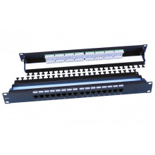 246105 Hyperline PP3-19-16-8P8C-C6-110D Патч-панель 19", 1U, 16 портов RJ-45, категория 6, Dual IDC, ROHS, цвет черный (задний кабельный организатор в