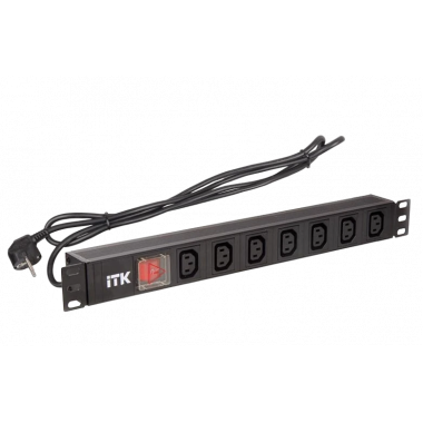 PH12-7C131 ITK PDU 7 розеток C13 с LED выкл,1U, шнур 2м вилка нем.ст