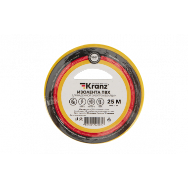 KR-09-2202 Изолента ПВХ KRANZ 19 мм х 25 м, желтая, упаковка 5 роликов